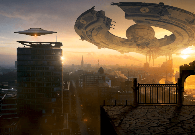 A city with alien space ships hovering above